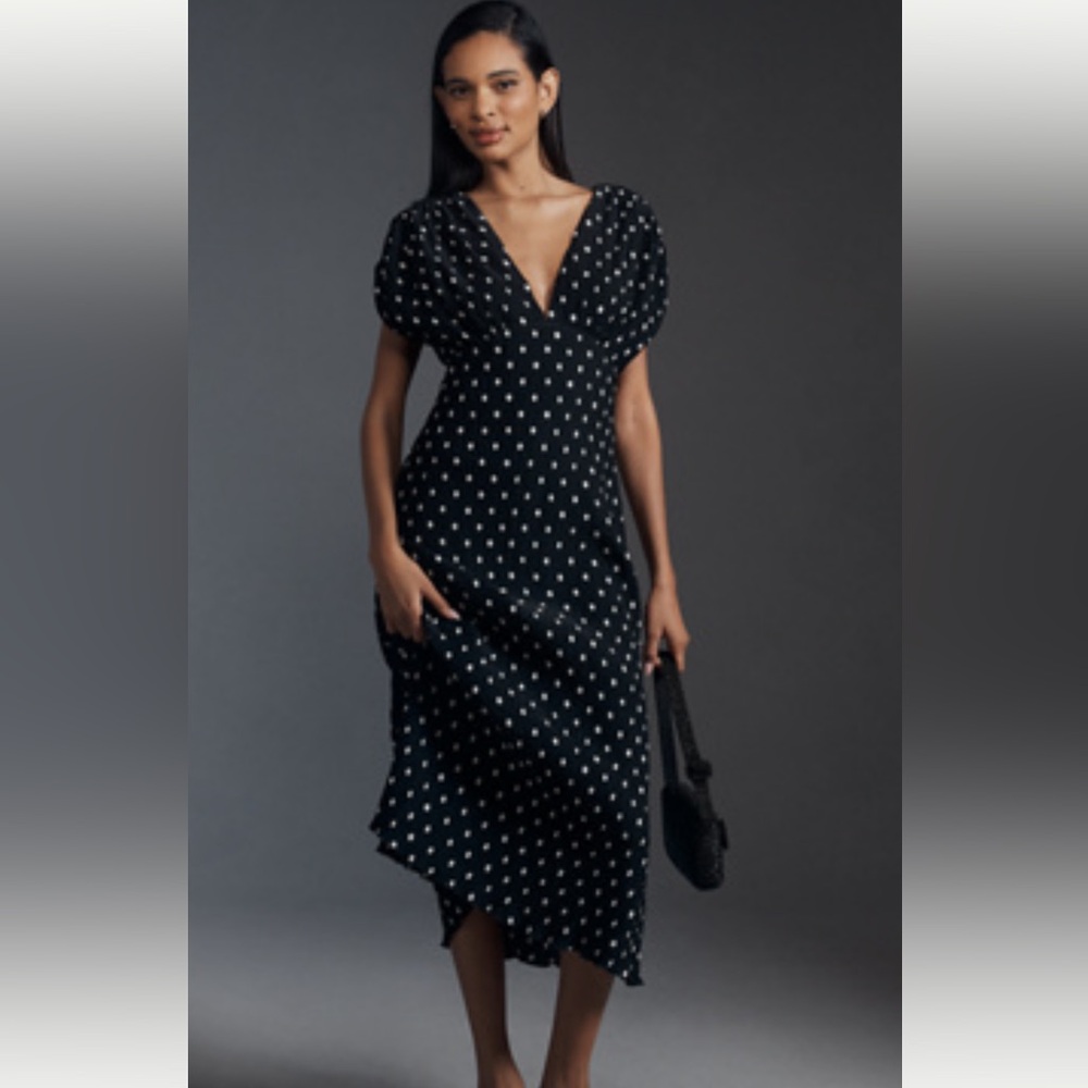 Banana Republic Black Polka Dot V-Neck Midi Dress